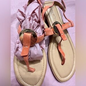 Gibson Latimer Coral Suede Thong Sandals with Gold Medallion Accent